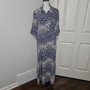 Zara Blue White Wave Print Button Down Long Shirt Dress Maxi Collared Flowy XL